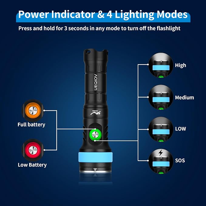 380 Dive Light Underwater Diving Flashlight, Super Bright Rechargeable Waterproof Flashlight with Battery Level Indicator, Suitable for Scuba Diving and Snorkeling Night Diving Light