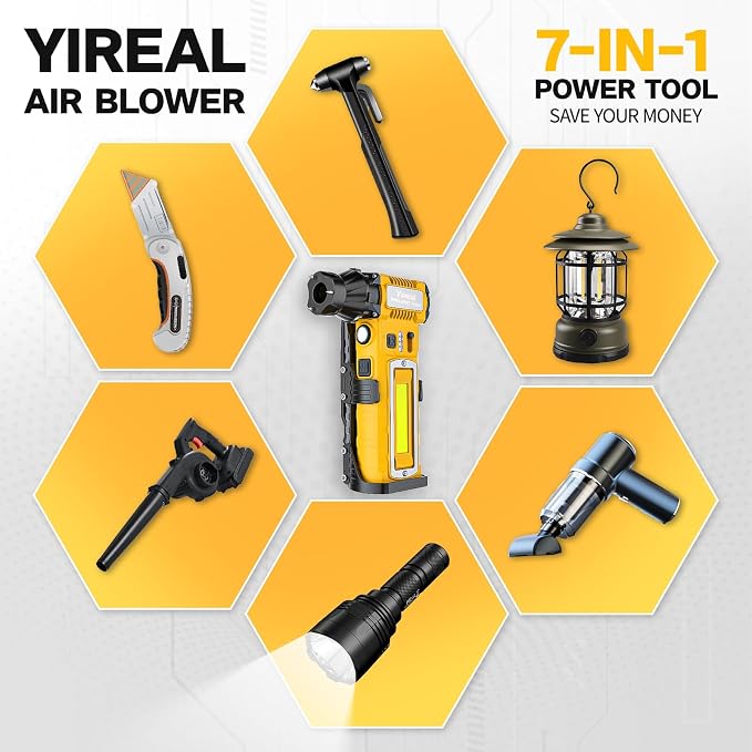 Compressed Air Duster,7-in-1 Electric Mini Dust Blower with LED Light, 8000mAh 300000RPM Rechargeable Air Duster for PC Keyboard Computer Car Vents Electronics Cleaner Home and Outdoor（Yellow）