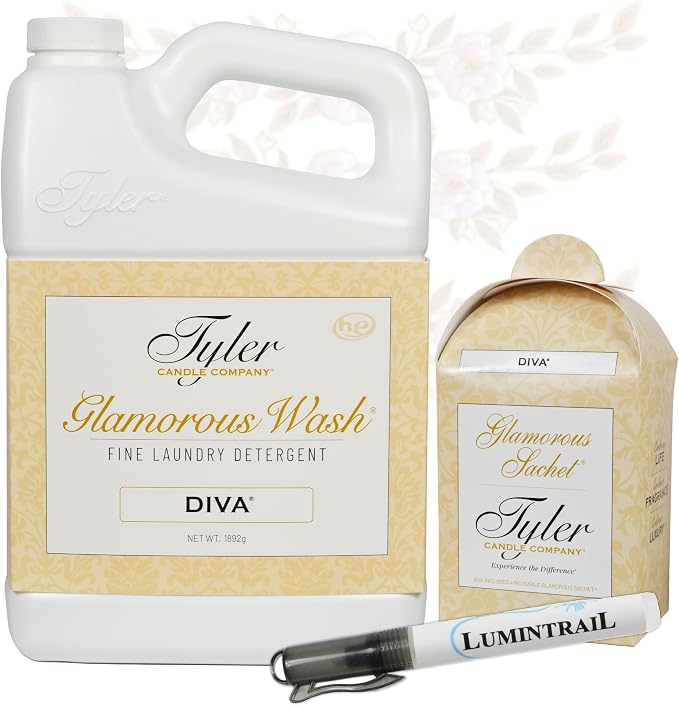 Lumintrail Tyler Glamorous Wash Diva Fine Laundry Detergent with Stain Remover Pen and Dryer Sachets - Liquid Detergent Designed for Clothing - Hand and Machine Washable - 64oz (Diva)