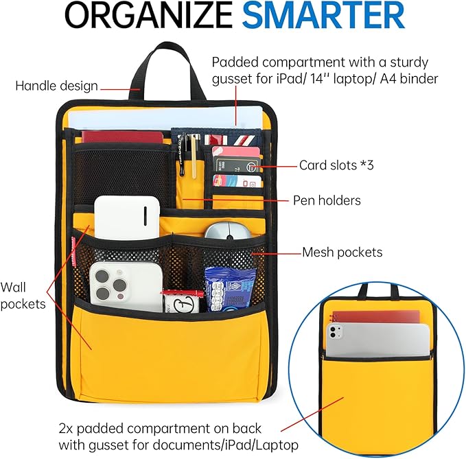 Slim Rugged Backpack Organizer Insert for Business Casual Men Women -13 Pockets,Padded Nylon,Max 14'' laptop- Yellow