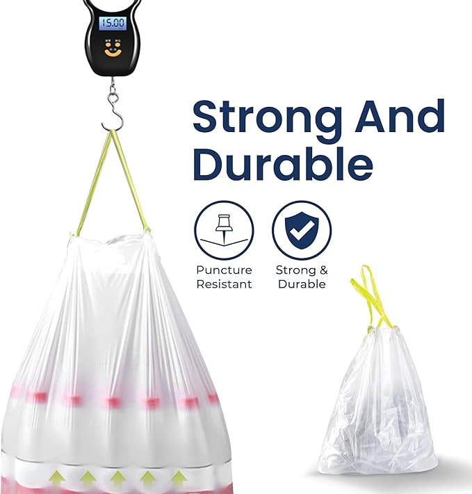NINESTARS 13 Gallon Extra Thick Drawstring Trash Bags, Heavy Duty Leak-Proof White Plastic Garbage Bags for Kitchen, Bathroom, or Office, 90 Count