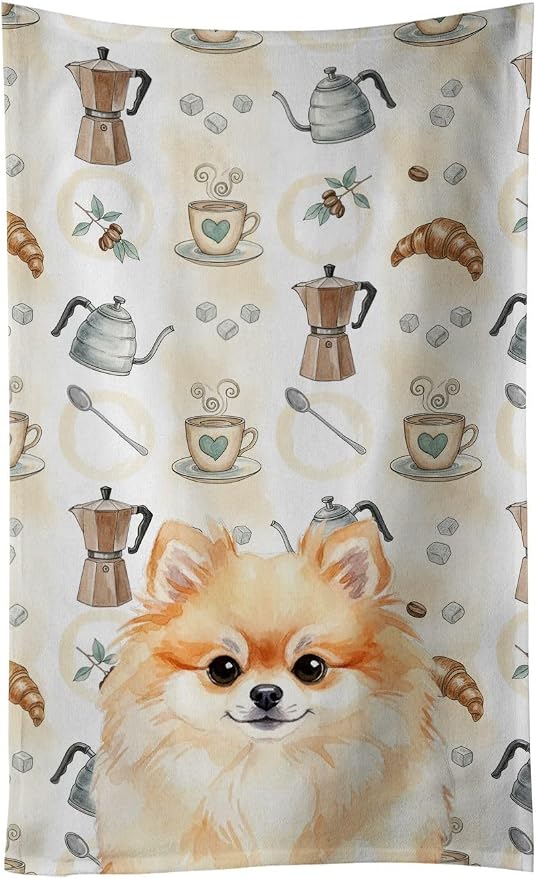 Caroline's Treasures Pomeranian Coffee Bar Kitchen Towel Velour Plush Front and Cotton Loop Back Machine Washable