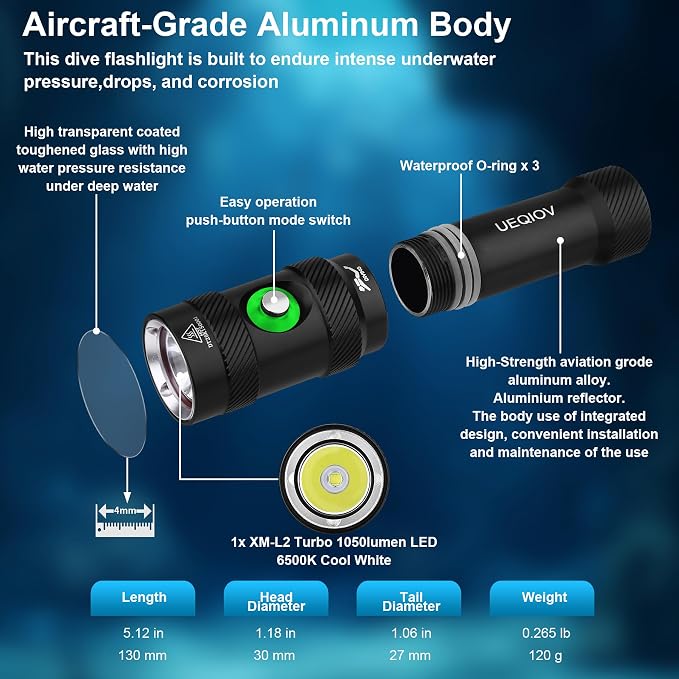 Diving Light is Suitable for Outdoor Scuba Diving, 4000lm Bright Diving Flashlight, 4 Modes of Underwater Lights, IPX8 Waterproof Flashlight (DM06)