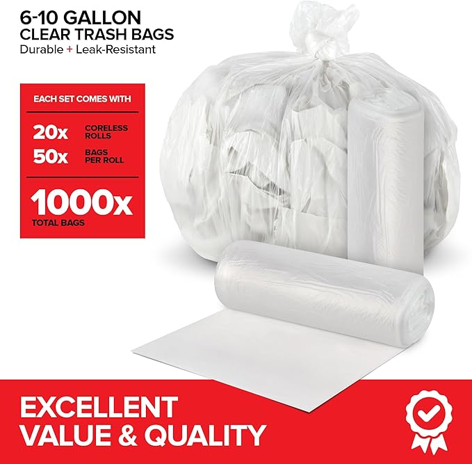 Stock Your Home Clear Trash Bags – 6-10 Gallon (1000 Pack) – Disposable Leak-Resistant Garbage Can Liners for Office, Bathroom, Deli, Produce, Dog Poop, Cat Litter
