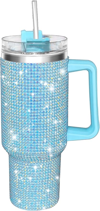 HWISDMIG 40oz Tumbler with Handle-Glitter Rhinestones Tumbler Bling Cups Stainless Steel Water Bottle Diamond Studded Tumbler for Women-Birthday Gifts for Women, Mom, Girlfriend (40 oz, Turquoise)