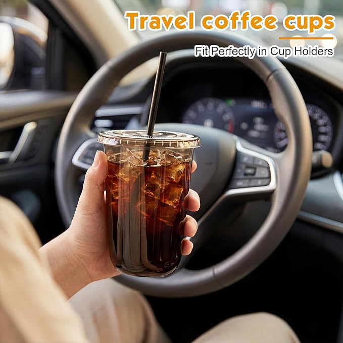 Ziliny 100 Set Black Plastic Cups with Lids and Straws, Disposable Iced Coffee PET Cups for Drinking Cold Beverage Juice Parfait Smoothie Milkshake Coffee Shops Party Supplies (16 oz)