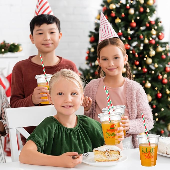 Yaomiao 300 Pcs 12 oz Christmas in July Plastic Cups with Lids and Straw Christmas Plastic Cups Merry Christmas Disposable Clear Cups Xmas Cups Holiday Cups for Beer Coffee Snacks Party