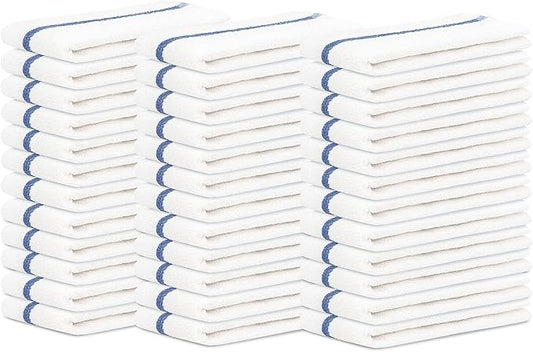 Bar Mops Blue Stipe Pack of 36 Kitchen Towels 16x19 Multi-Purpose for Home, Restaurant and Cleaning White Absorbent Washcloth Dishcloths Sets, Reusable Dish, Cloths Rags