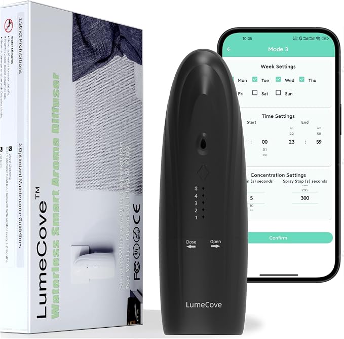 Commercial Plug in Waterless Diffuser for Office Desk and Large Home Room | 5-star hotel scent! 100% waterless pure oil mist. No slimy tanks to scrub. Set the App, plug in and forget it for months
