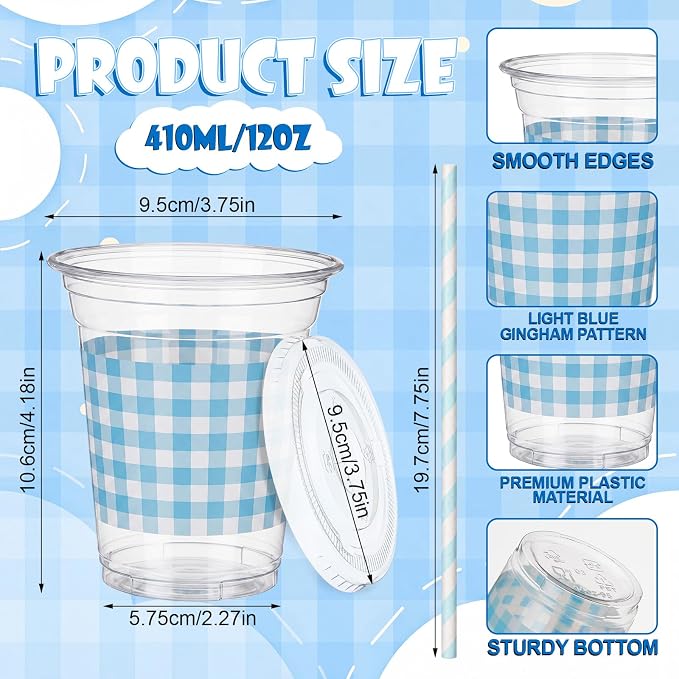 Domensi 25 Sets Blue and White Gingham Plastic Cups with Lids and Paper Straws 12oz Checkered Disposable Drinking Cups Bulk for Cold Drinks Baby Shower Wedding Birthday Summer Party Supplies