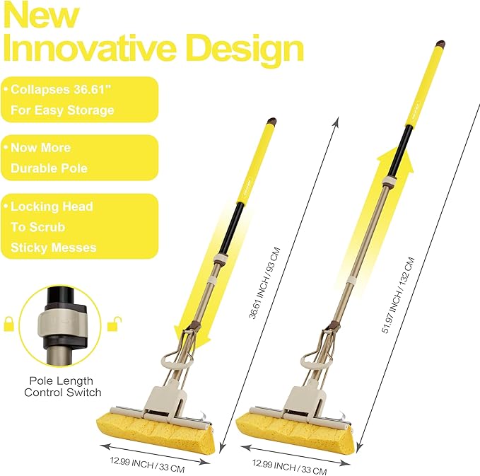 LILAC Cellulose Sponge Mop with 2 Replacement Heads, 4-Color Handle Choices for Zoned Cleaning, Super Absorbent Pop Up Roller Mop for Hardwood,Laminate Floors, Heavy Duty Floor Scrubber (Yellow)