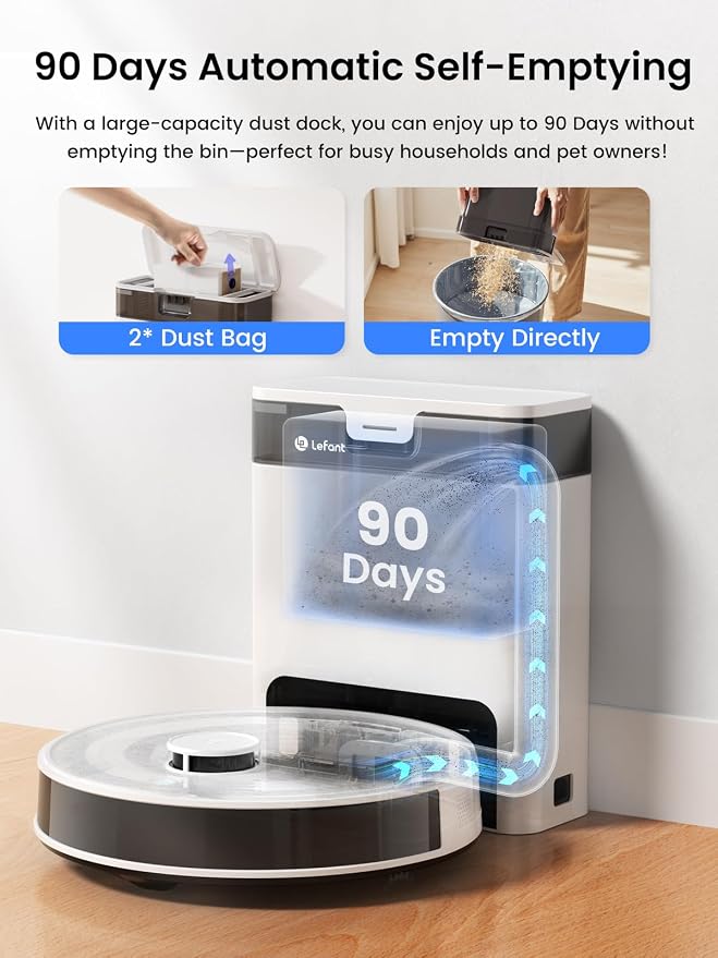 Lefant LiDAR Robot Vacuum and Mop, 90-Day Self-Emptying, 190° PSD Obstacle Avoidance, Customized Cleaning, Multi-Floor Mapping, 6000Pa Strong Suction, 140 Min Runtime, WiFi/Alexa/APP/iWatch, M2 Pro