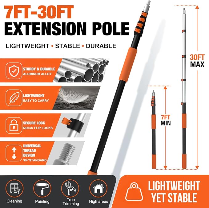 LAANPOLE Telescoping Pole, 7-30FT Aluminum Extension Pole(36FT Reach), Multi-Purpose Paint Roller for Painting, Dusting and Cleaning