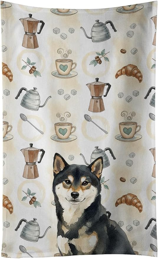 Caroline's Treasures Black and Tan Shiba Inu Coffee Bar Kitchen Towel Velour Plush Front and Cotton Loop Back Machine Washable