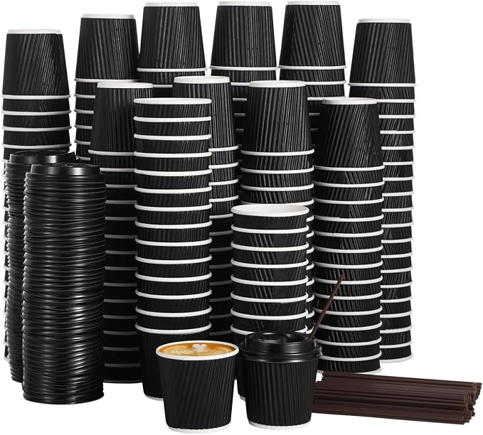 200 PCS Disposable Espresso Cups with Lids and Straws, 4 oz Paper Espresso Cups, Double-Layer Insulated Ripple Wall Cup for Hot Drinks, Convenient and Hygienic for Parties and Events