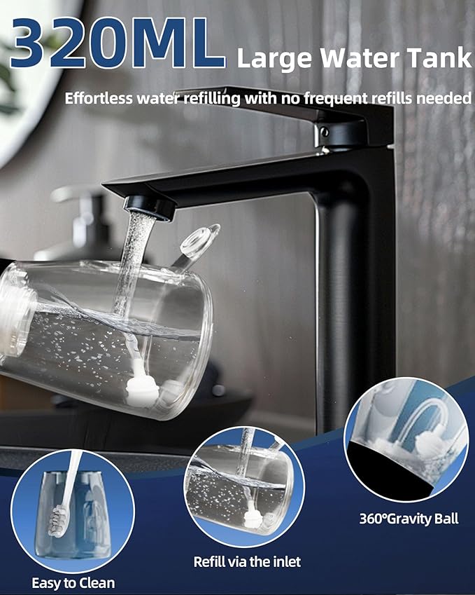 Electric Water Dental Flosser - Cordless Portable Teeth Cleaner, Rechargeable 320ML Larger Water Tank Oral Irrigator, 4 Modes with 5 Jet Tips and Travel Bag, IPX7 Waterproof (Black)