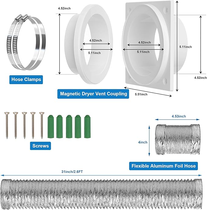Magnetic Dryer Vent Coupling-Quick Connection and Disconnection,Dryer Vent Hose Magnetic Connector Kit,Strong Magnetic Self-connection Easy to Clean Quick Connector with 4 inch Hose