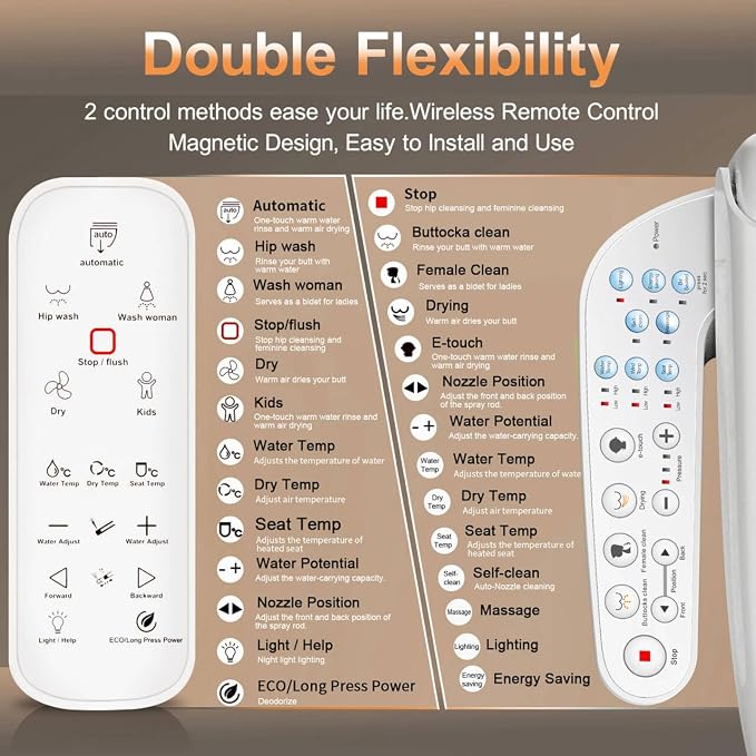 KERDE P30B Bidet Toilet Seat - Dual Control (Side Panel & Remote), Warm Water Wash, Heated Seat, Warm Air Dryer, LED Night Light,Existing Toilets Electric Bidet Elongated Electronic Heated Smart