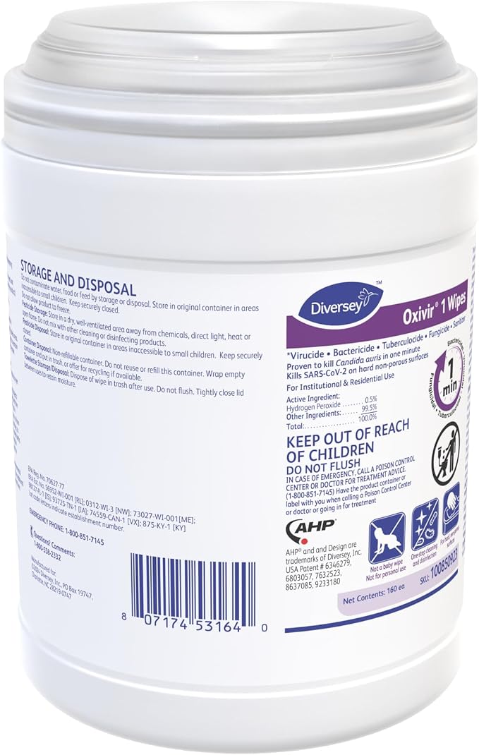 Oxivir Diversey 1 Disinfectant Wipes, AHP Hydrogen Peroxide Cleaner, Multi-Surface Cleaner for Home & Commercial Use, Small Wipes, 160 Count Canister