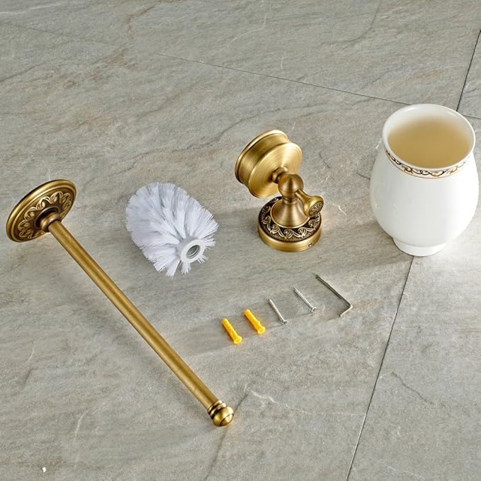 Leyden Antique Brass Toilet Brush Holder, Retro Toilet Brush Organizer with Ceramic Cup