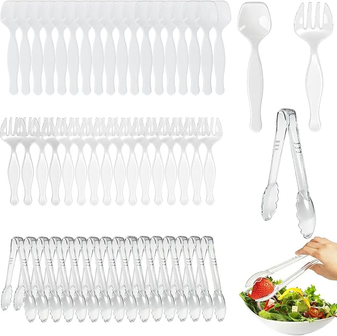 100 Pcs Large Plastic Serving Utensils Set - Serving Tongs, Serving Forks, Serving Spoons - Heavy Duty Disposable Serving Utensils for Parties, Buffet, Catering Supplies (Clear, 100 Pcs)