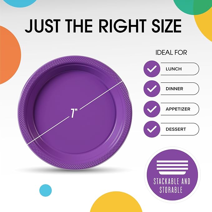 Exquisite Party Solids Purple Plastic Plates For Party Supplies 7" Purple Disposable Plates Heavy Duty 50 Pcs Plastic Dinnerware Sets Heavy Duty 350 GSM Disposable Dinnerware Set