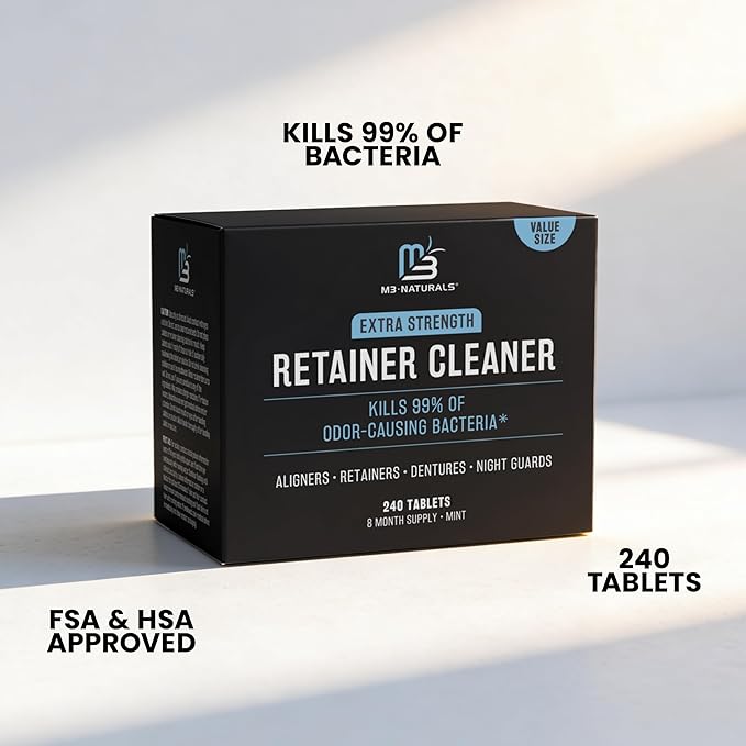 Retainer and Denture Cleansers 240 Tablets Removes Bad Odors Discoloration Stains Plaque for Cleaning Invisalign Mouth Guard Night Guard and Removable Dental Appliances by M3 Naturals (Pack of 2)