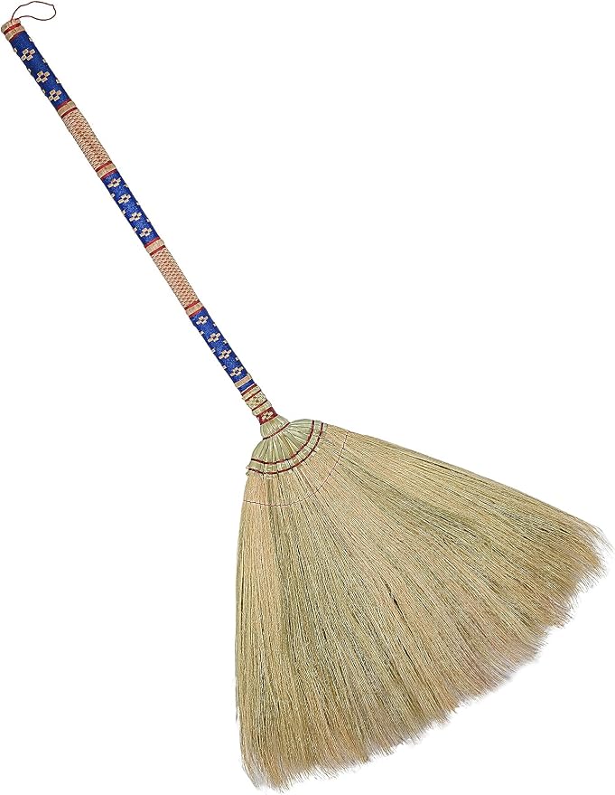 Asian Natural Grass Broom with Bamboo Stick Handle Handmade for Sweeping Hard Wood, Tile, Cement Floor (Thai Pattern 2, Blue 1)