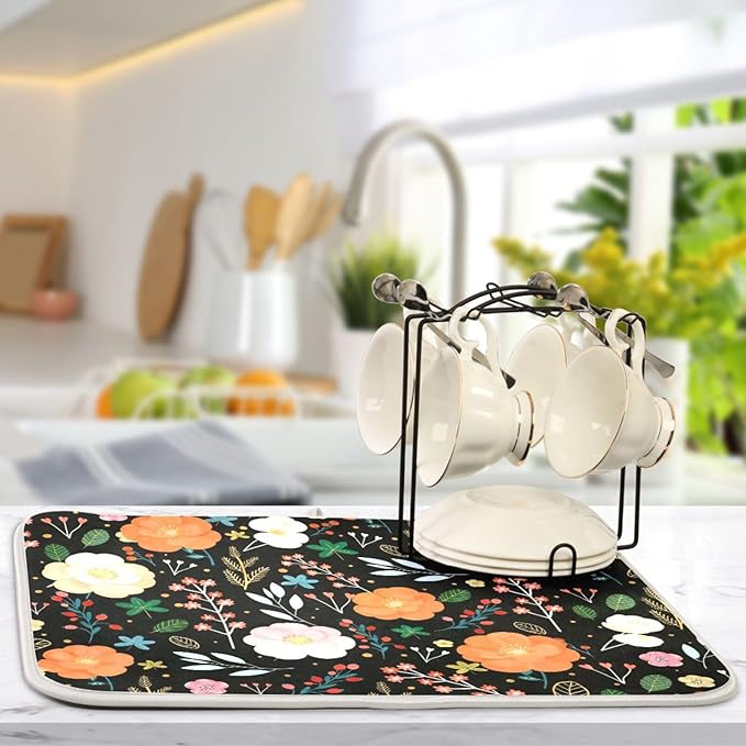 Dish Drying Mat for Kitchen Counter Colorful Flowers Black Absorbent Drying Matt for Dishes Sink Countertop 16'' x 18''