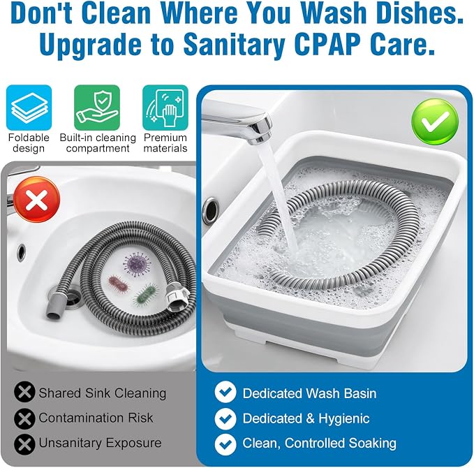 CPAP Cleaning Kit for Hose & Mask, with Collapsible Wash Basin & Hose Hanger, 7ft Cleaning Brush, CPAP Cleaning Supplies with Storage Bag, for 22mm & 15mm Tube