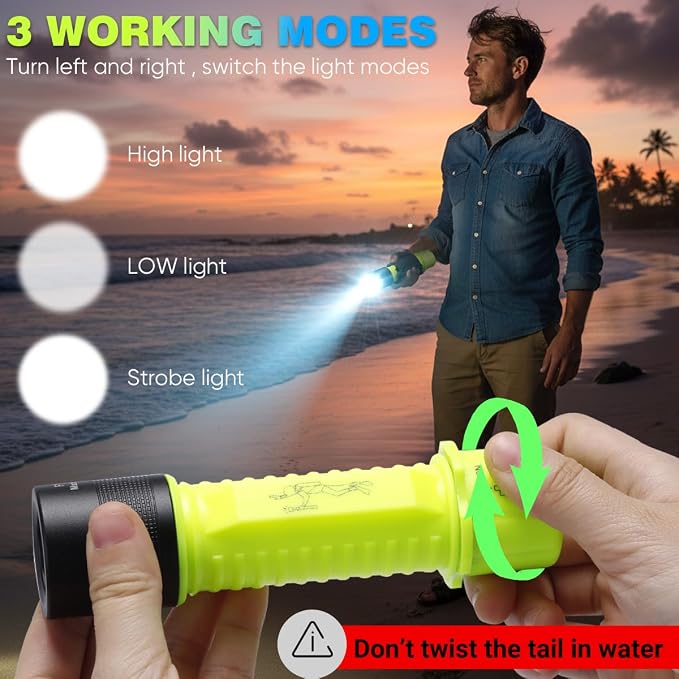 2 Pack IPX8 Waterproof Diving Flashlight Rechargeable Scuba Dive Light with 3 Modes for Scuba Diving, Snorkeling, Fishing, Emergency for Divers, Outdoor Enthusiasts