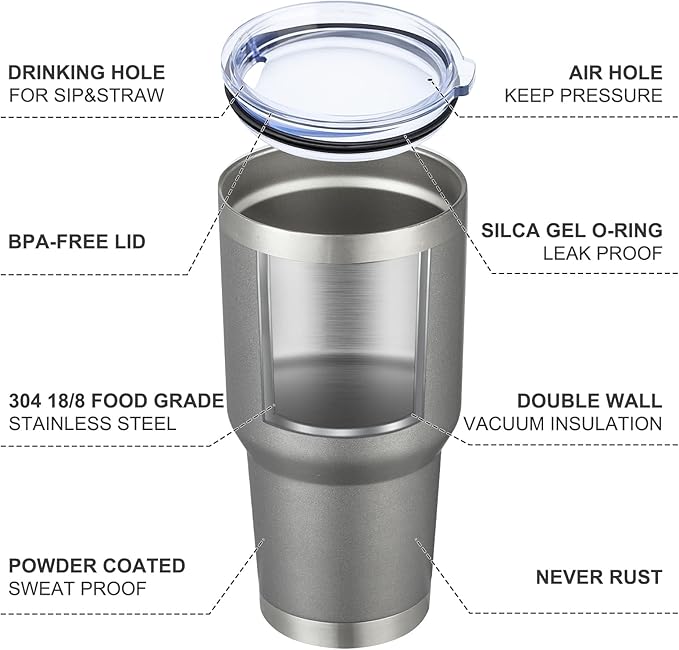 MEWAY 30oz Insulated Tumbler With Lids and Straws,Stainless Steel Double Vacuum Coffee Tumbler Cup, Brush, Durable Powder Coated Coffee Cup for Cold & Hot Drinks, Office, Travel(Cold Grey,4 PACK)
