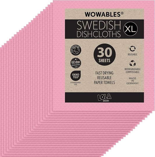 Swedish Dishcloths for Kitchen XL, 30 Sheet Roll, Biodegradable & Compostable, Reusable Paper Towel Cleaning Cloths, 11" x 10", No Odor, Washing Dishes, Ultra Absorbent Cellulose Sponge Towel, By LOLA
