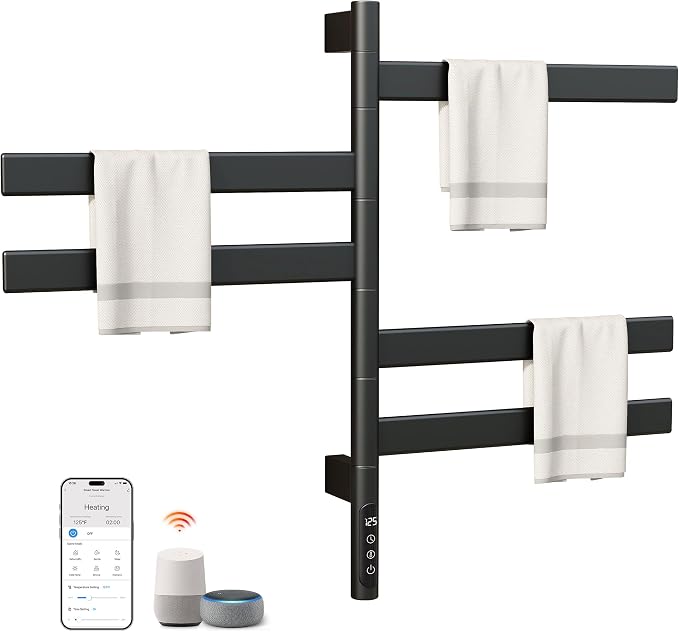 ENZE Smart Rotating Heated Towel Rack for Bathroom, 5-Bar Wall-Mounted Electric Towel Warmer with Swivel Bars, Wi-Fi App Control, 24H Timer, Stainless Steel, IPX5, Hardwired/Plug-in, Matte Black