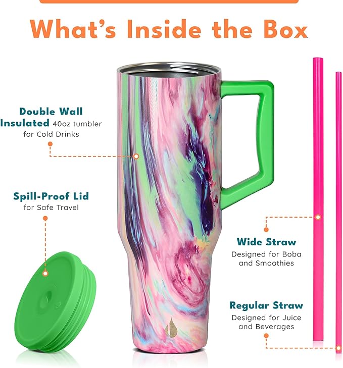 Elemental 40 oz Tumbler with Handle and Straw - Spill Proof Insulated Stainless Steel Commuter for Cold Beverages - Travel Coffee Mug with 2 Straws & Spill Proof Lid - 40oz - Aurora Dream