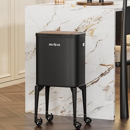 MRBIN Metal Kitchen Trash Can with Wheel Legs, 23L / 6.1gal Medium Press Lid Slim Removable Waste Basket, Pet Proof Tall Narrow Garbage Pail, for Vanity, Bedroom, Bathroom, Living Room, Black & Wood