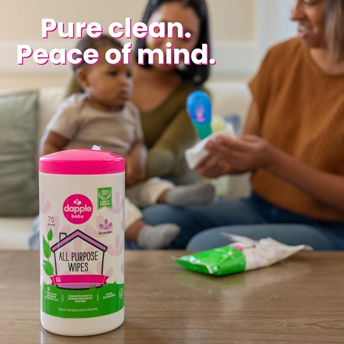 Dapple Baby All Purpose Cleaning Wipes - (2 Pack) 75 Count Canisters + (2 Pack) 30 Count Pouches - Plant-Powered & Hypoallergenic - Lavender Scent - Baby Essentials