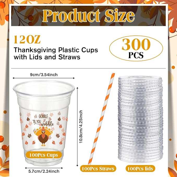 Yaomiao 300 Pcs 12 oz Thanksgiving Day Plastic Cups with Lids and Straw Fall Plastic Party Cups Thanksgiving Disposable Clear Tumbler Hello Party Turkey Pumpkin Drinking Tumbler Set for Autumn Supply