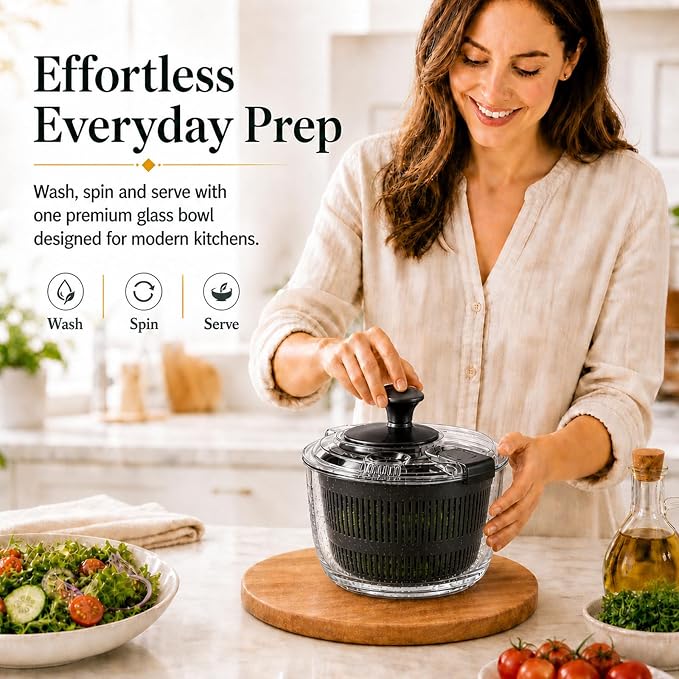 Glass Salad Spinner 3.2 Qt, Small Salad Spinner with Glass Bowl Removable Lid for Easy Cleaning Dishwasher Safe Glass Bowl Vegetable and Fruit Washer Dryer with Drain Spout Crank Handle Black
