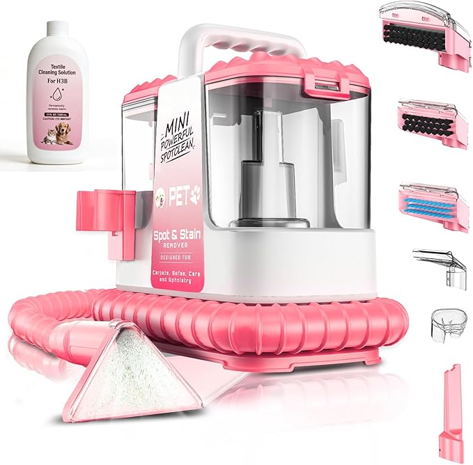 Portable Carpet & Upholestery Cleaner Machine for Pets, Spot, Stain, Couch Cleaner Machine with Powerful Suction and and Cleaning Solution, Car/Auto Detailer, Lightweight Compact Design, Pink