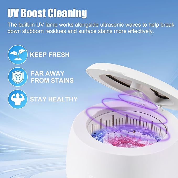 Ultrasonic Retainer Cleaner, Retainer Cleaner Machine for Dentures & Invisalign, 45kHz UV Dental Cleaner Removes Stains & Buildup, 3 Modes, 200ml for Aligners, Mouth Guards
