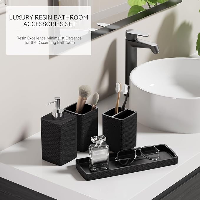 Black Bathroom Set,Black Bathroom Accessories Set with Shower Curtain and Rugs, Bath Towel Set, Natural Loofah Sponge, Soap Dispenser, Toothbrush Holder, Bathroom Tumbler and Tray for Bathroom