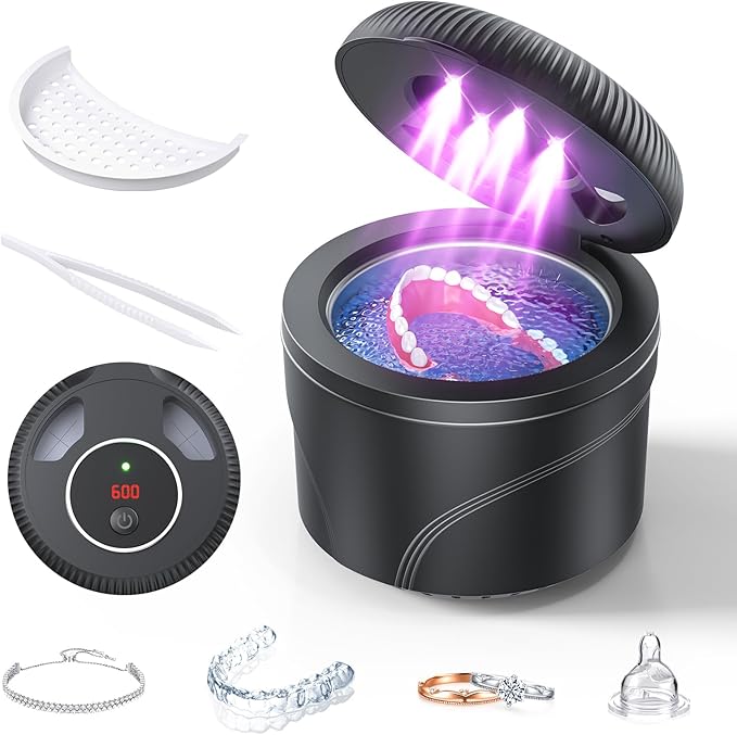 Ultrasonic Retainer Cleaner, 45kHz Retainer Cleaner Machine for Dentures, Mouth Guards, Aligner, Toothbrush Heads, Jewelry, 4 Modes Denture Cleaner with Digital Timer & 200ML Dental Cleaning Pod