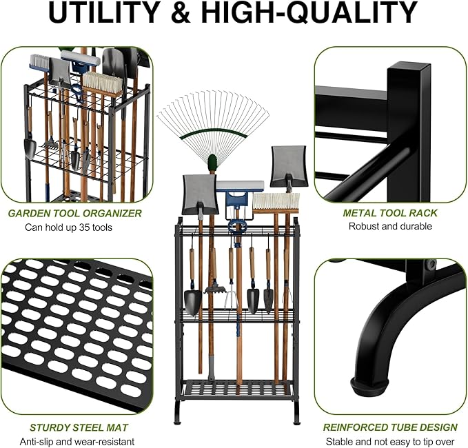 RANXFLOAT Garden Tool Organizer with Storage Hooks, Yard Tool Tower Rack for Garage Organization and Storage, Up to 35 Long-Handled Tools, Metal Tool Holder with 6 Hooks, Black