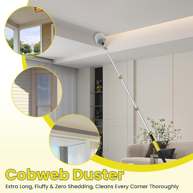 26FT High Ceiling Duster Kits with 5-20 Ft Extension Pole, Fan Blade Cleaner, Cobweb Duster, Window Squeegee Kit, Spider Web Brush for High Window, Interior Roof