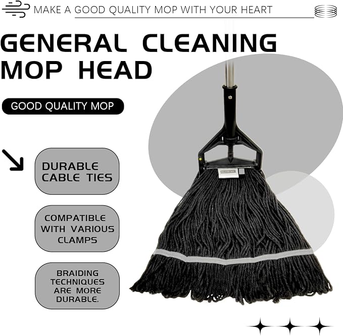 Commercial Cotton Mop Heavy-Duty Industrial with 2 Replacement Heads 152 cm Handle Replacement mop Head (Black)
