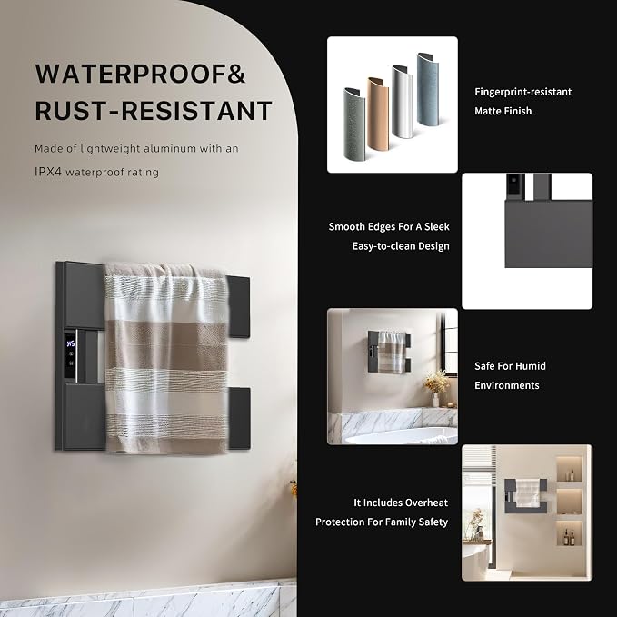 Electric Towel Warmer with Smart LED Timer, Modern [2/3/4] Bar Large Panel Heated Towel Rack, Wall-Mounted Plug-in/Hardwired 2-in-1, Rapid Warmth for Bathrooms, [Matte Black/Alpine White]