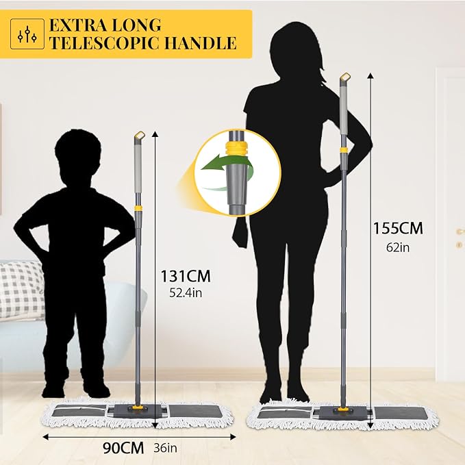 Masthome 24" Push Broom with Stiff Bristles,& 32'' Commercial Dust Mop, 60'' Adjustable Flat Mop with Long Handle, 1 Cotton & 2 Microfiber Mop Pads
