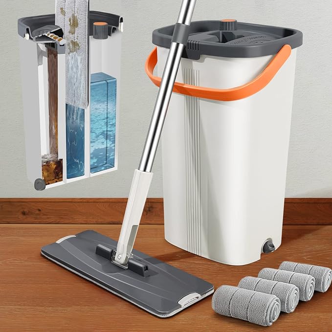 Lascpt Flat Mop and Bucket with Wringer Set, 3-Chamber Design Separates Dirty and Clean Water, Wet and Dry Use, Automatic Wringing Home Floor Wall Cleaning Mop, 4 Reusable Microfiber Mop Pads