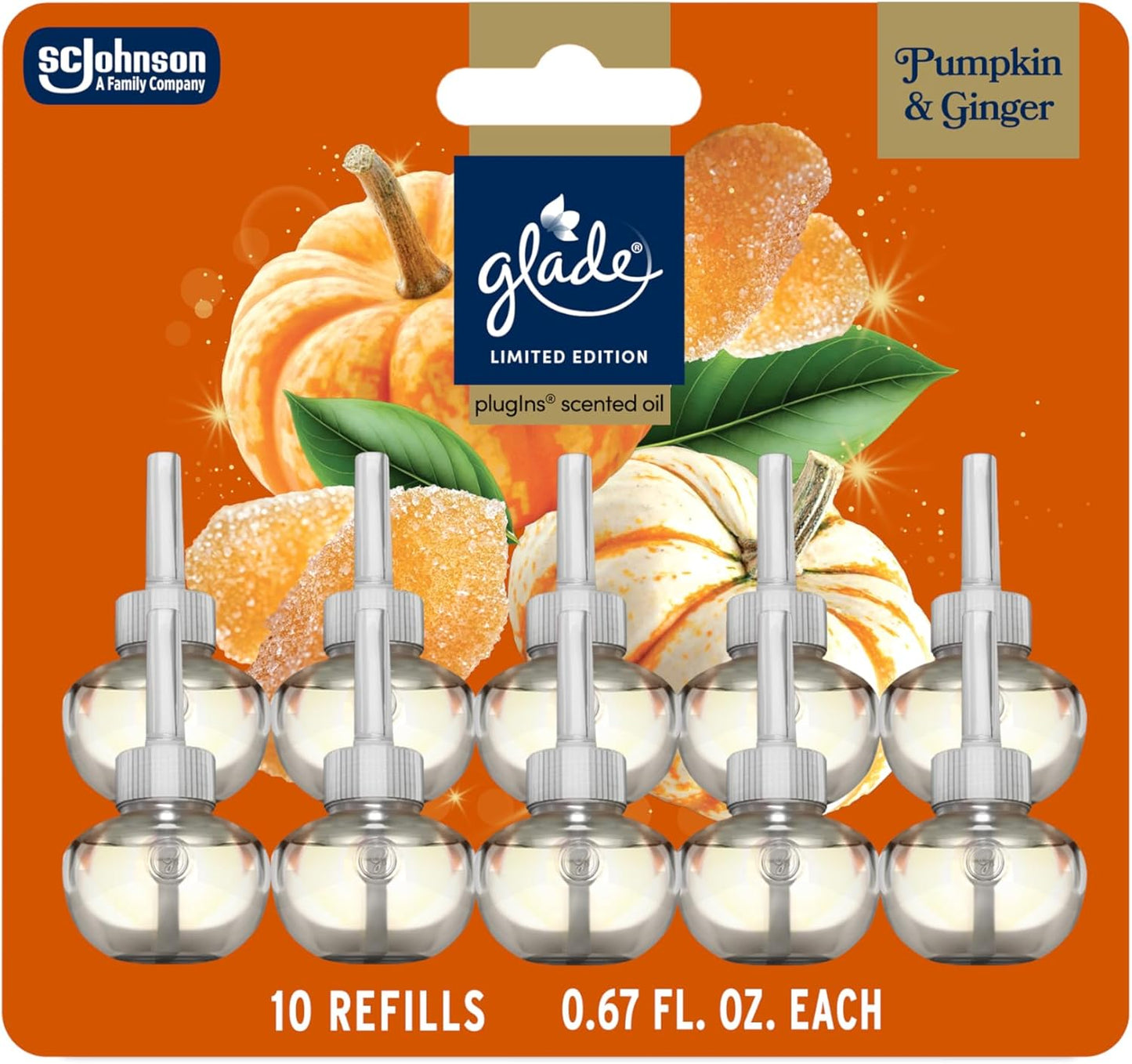 Glade PlugIns Refills Air Freshener, Pumpkin & Ginger, Scented and Essential Oils for Home and Bathroom, 0.67 Fl Oz, 10 Count